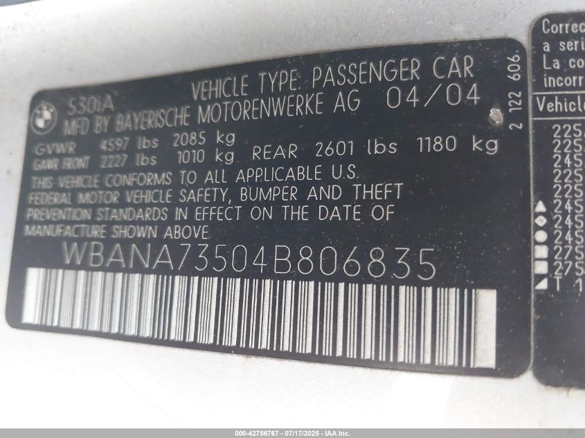2004 BMW 530I VIN: WBANA73504B806835 Lot: 42756767