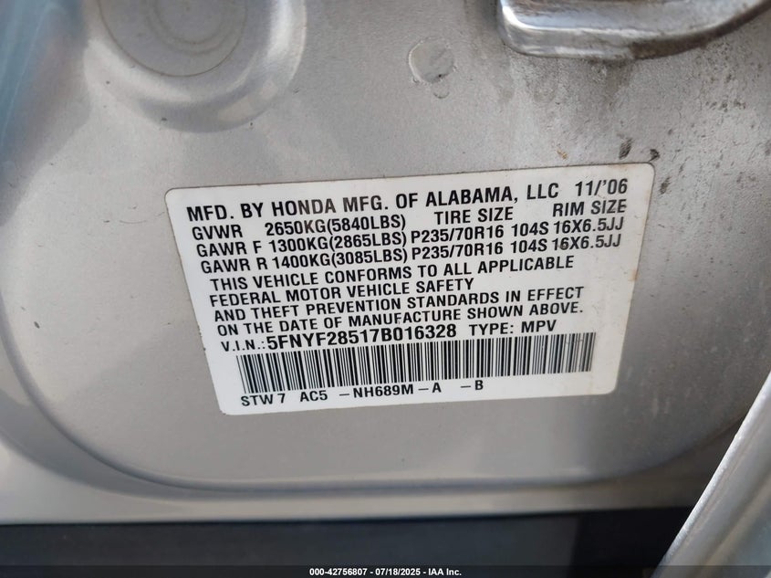 2007 Honda Pilot Ex-L VIN: 5FNYF28517B016328 Lot: 42756807