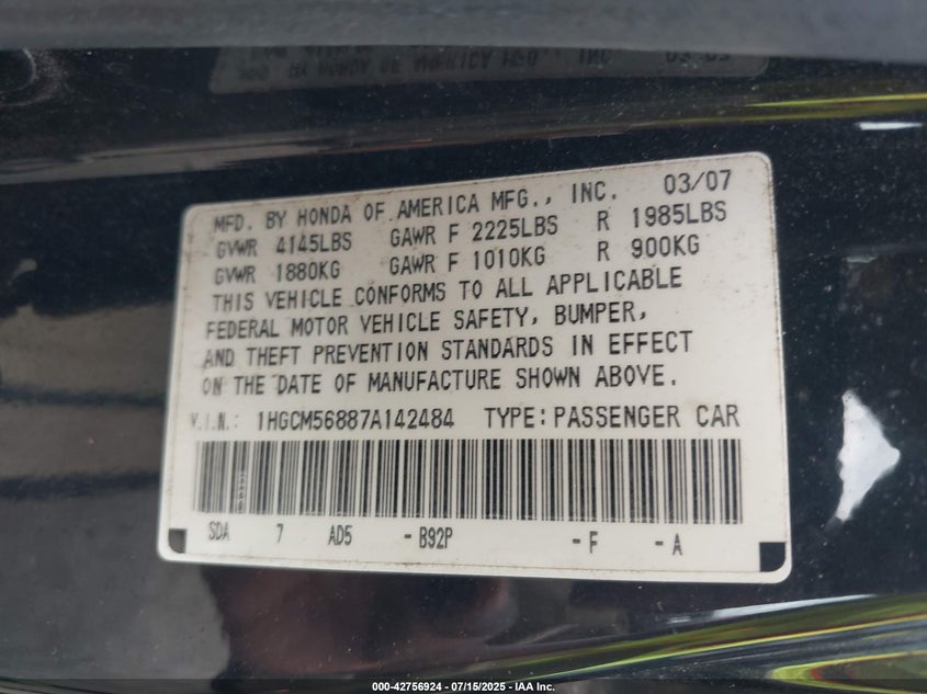 2007 Honda Accord 2.4 Ex VIN: 1HGCM56887A142484 Lot: 42756924