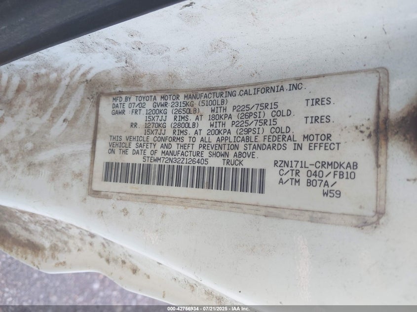 2002 Toyota Tacoma VIN: 5TEWM72N32Z126405 Lot: 42756934