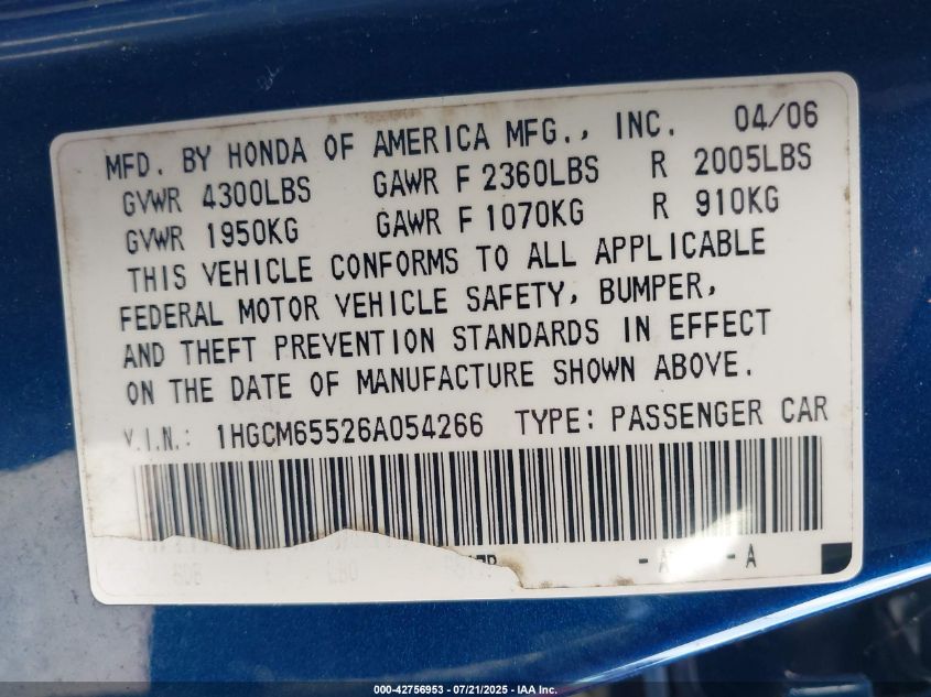 2006 Honda Accord 3.0 Ex VIN: 1HGCM65526A054266 Lot: 42756953