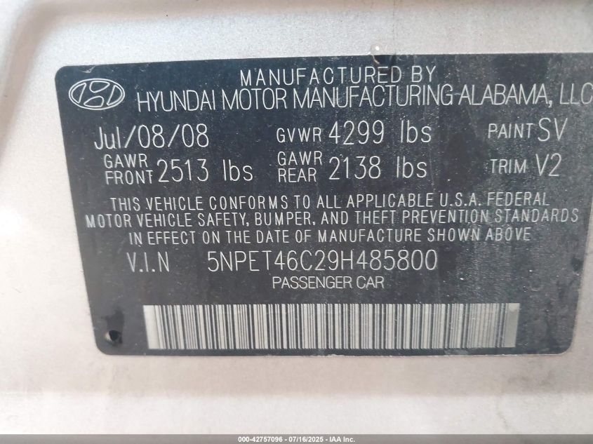 2009 Hyundai Sonata Gls VIN: 5NPET46C29H485800 Lot: 42757096