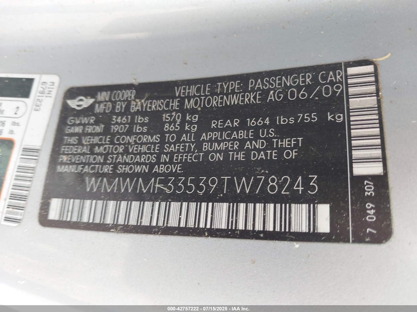 2009 Mini Cooper VIN: WMWMF33539TW78243 Lot: 42757222