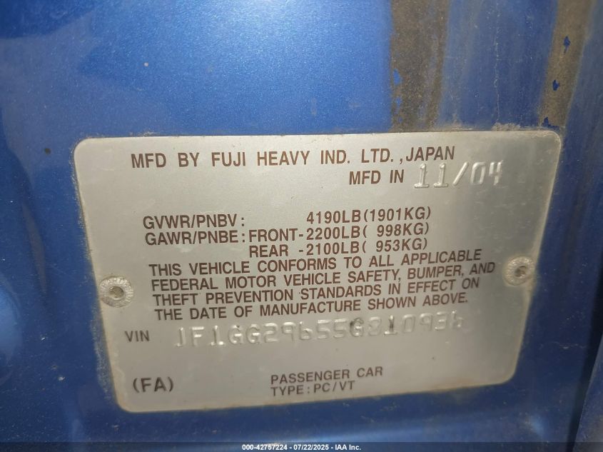 2005 Subaru Impreza Wrx VIN: JF1GG29655G810936 Lot: 42757224