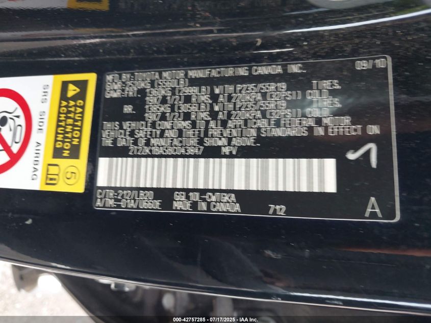 2011 Lexus Rx 350 VIN: 2T2ZK1BA5BC043847 Lot: 42757285