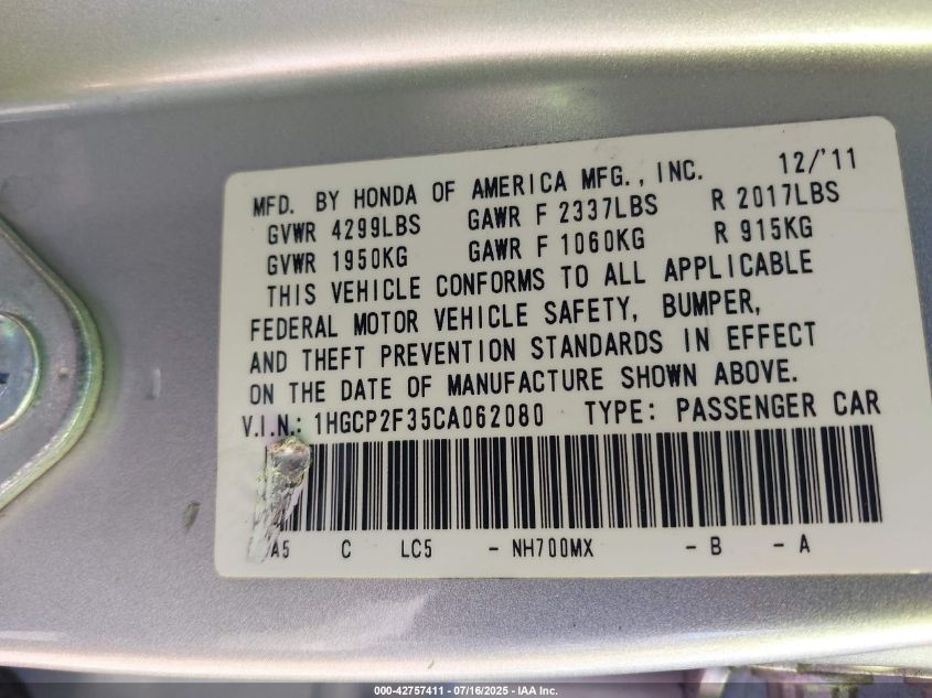 2012 Honda Accord 2.4 Lx VIN: 1HGCP2F35CA062080 Lot: 42757411