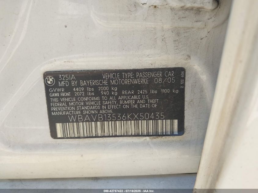 2006 BMW 325I VIN: WBAVB13536KX50435 Lot: 42757422