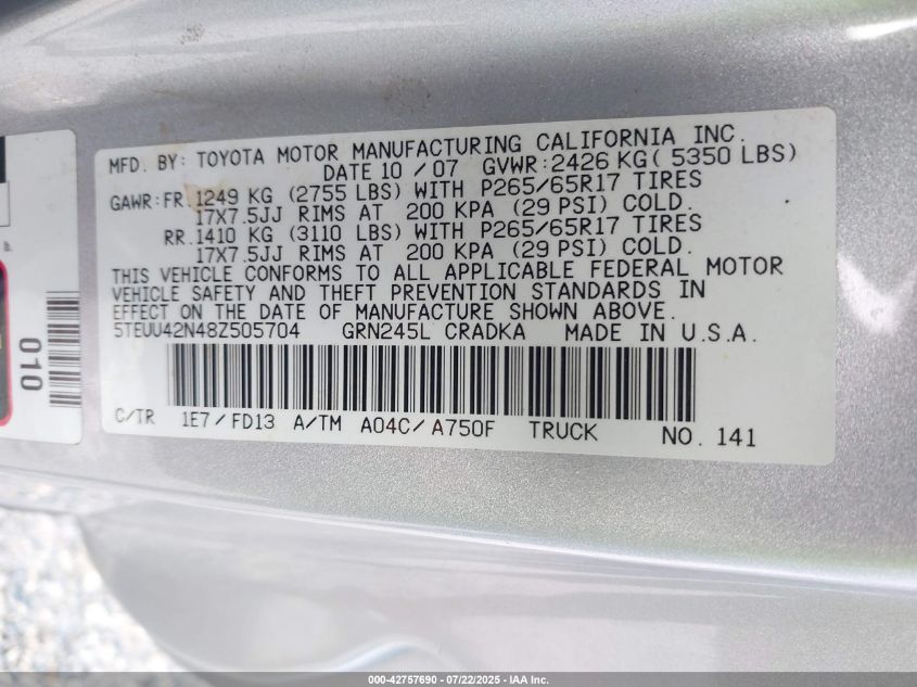 2008 Toyota Tacoma Base V6 VIN: 5TEUU42N48Z505704 Lot: 42757690
