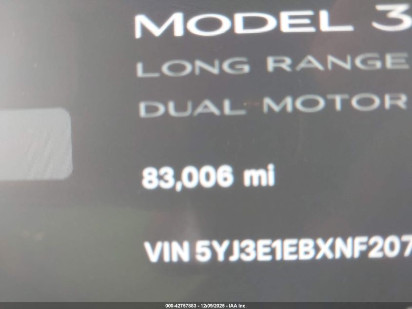 2022 Tesla Model 3 Long Range Dual Motor All-Wheel Drive VIN: 5YJ3E1EBXNF207101 Lot: 42757883