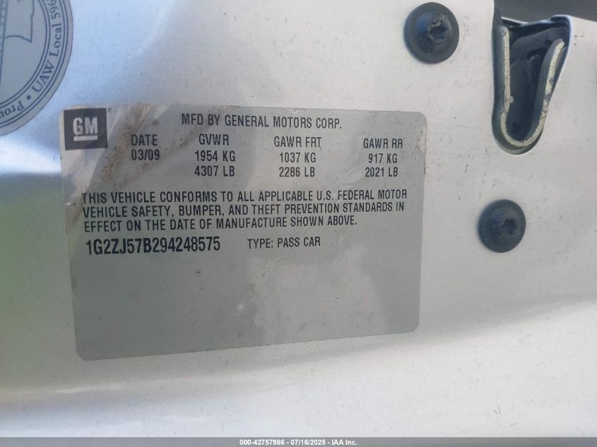 2009 Pontiac G6 New Se VIN: 1G2ZJ57B294248575 Lot: 42757986