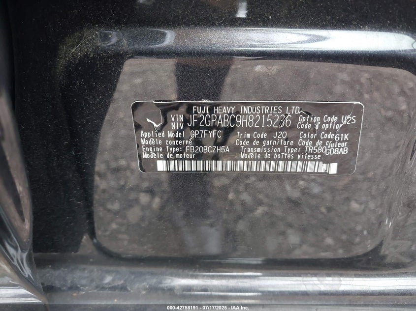 VIN JF2GPABC9H8215236 2017 SUBARU CROSSTREK 2.0I PREMIUM