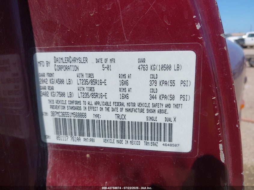 2001 Dodge Ram 3500 St VIN: 3B7MC36551M568868 Lot: 42758874