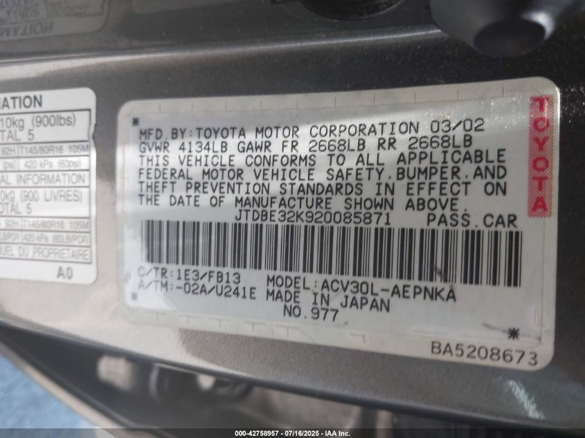 2002 Toyota Camry Le/Se/Xle VIN: JTDBE32K920085871 Lot: 42758957