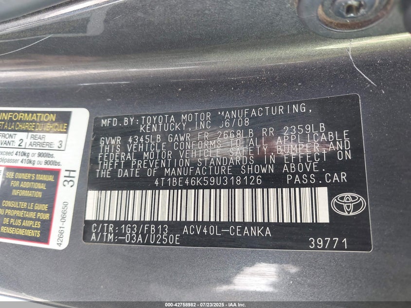4T1BE46K59U318126 2009 TOYOTA CAMRY photo no. 9