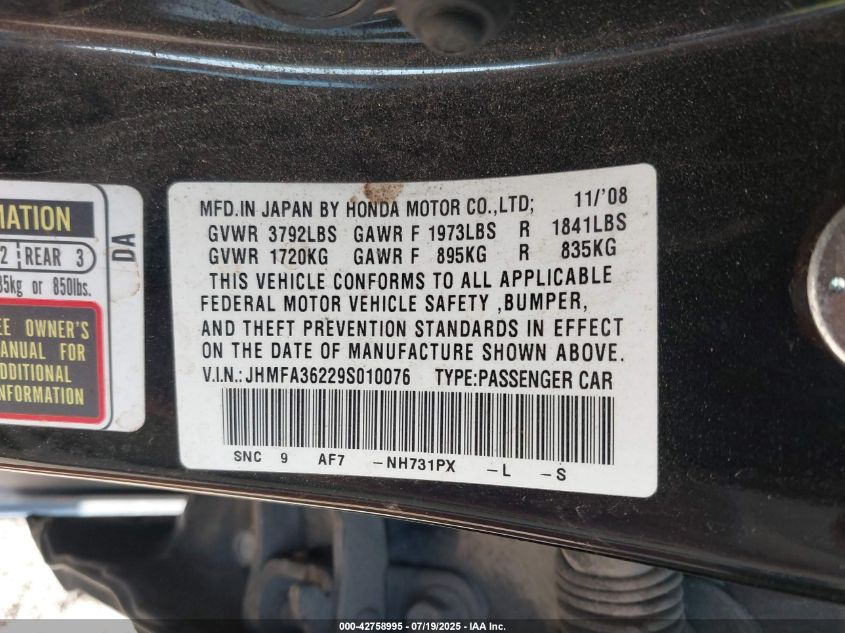2009 Honda Civic Hybrid VIN: JHMFA36229S010076 Lot: 42758995