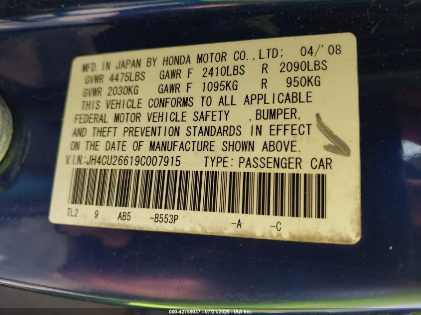 2009 Acura Tsx VIN: JH4CU26619C007915 Lot: 42759037