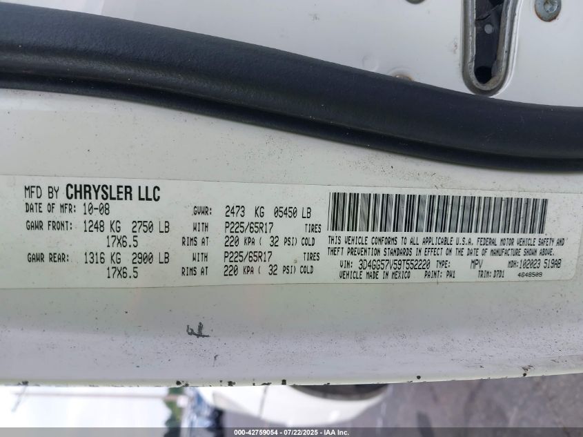 2009 Dodge Journey Sxt VIN: 3D4GG57V59T552220 Lot: 42759054