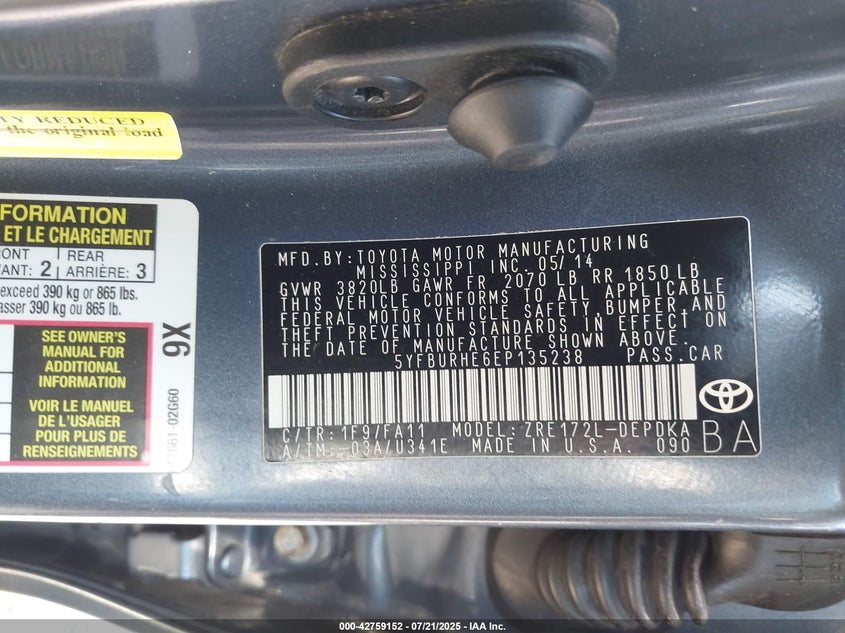 2014 Toyota Corolla L VIN: 5YFBURHE6EP135238 Lot: 42759152