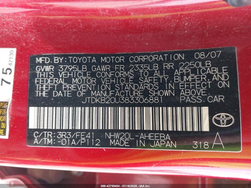 2008 Toyota Prius VIN: JTDKB20U383306881 Lot: 42759454