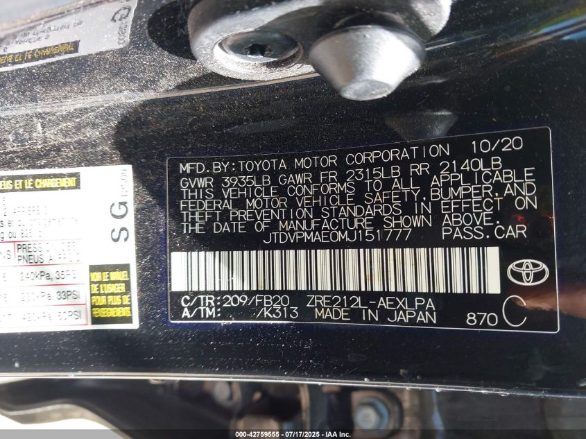 2021 Toyota Corolla Le VIN: JTDVPMAE0MJ151777 Lot: 42759555