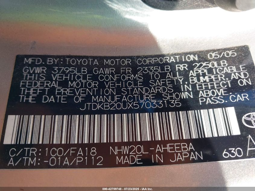 2005 Toyota Prius VIN: JTDKB20UX57033135 Lot: 42759748