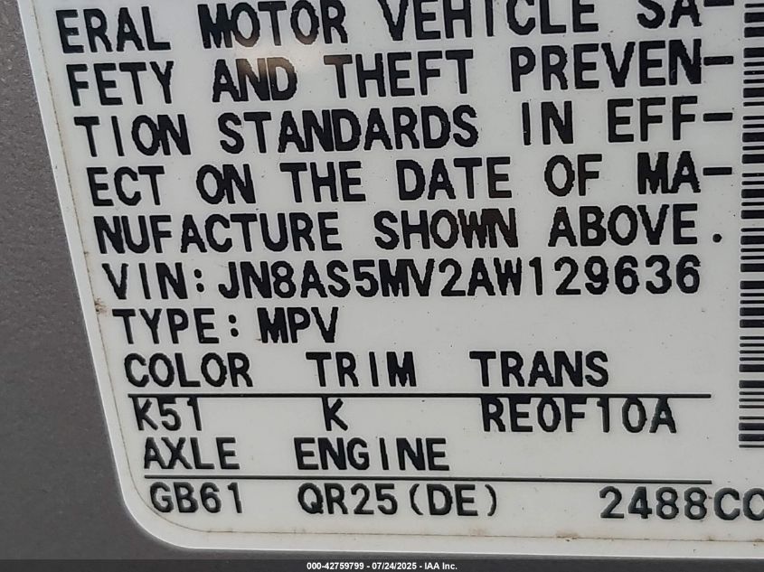 2010 Nissan Rogue S VIN: JN8AS5MV2AW129636 Lot: 42759799