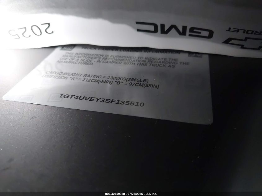2025 GMC Sierra 3500Hd 4Wd Standard Bed At4 VIN: 1GT4UVEY3SF135510 Lot: 42759920
