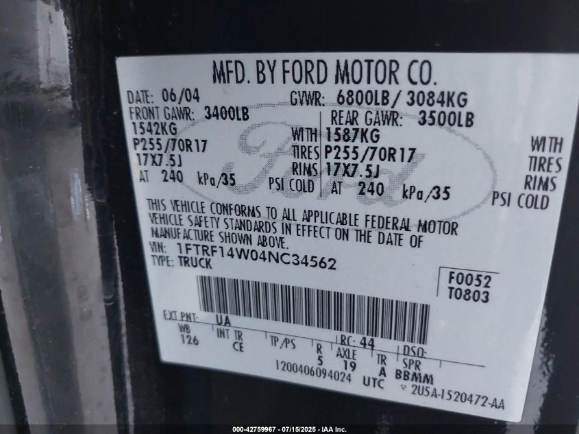 2004 Ford F-150 Stx/Xl/Xlt VIN: 1FTRF14W04NC34562 Lot: 42759967