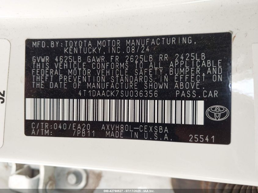 2025 Toyota Camry Se VIN: 4T1DAACK7SU036356 Lot: 42760527