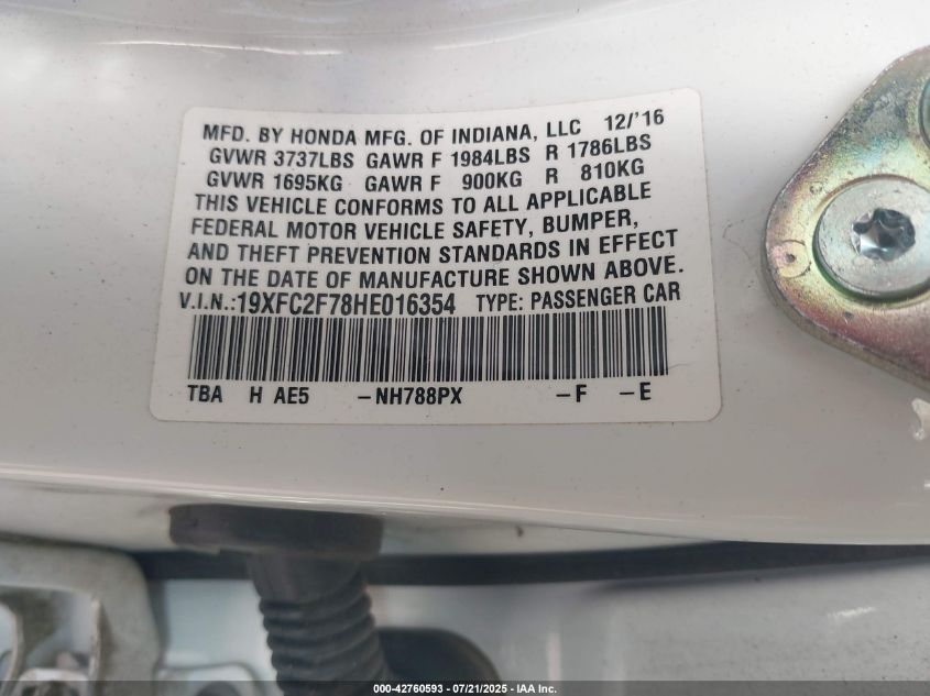 2017 Honda Civic Ex VIN: 19XFC2F78HE016354 Lot: 42760593