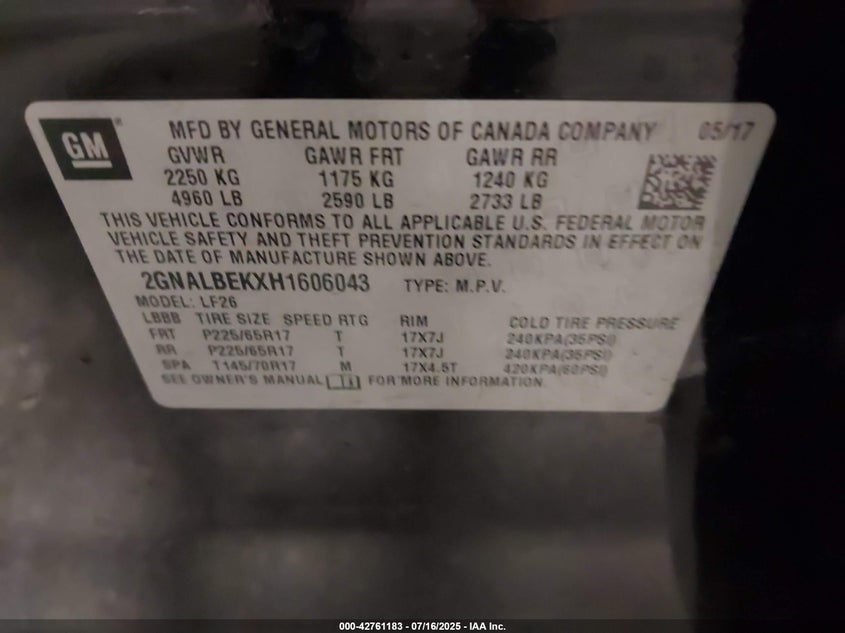 2017 CHEVROLET EQUINOX LS 2GNALBEKXH1606043