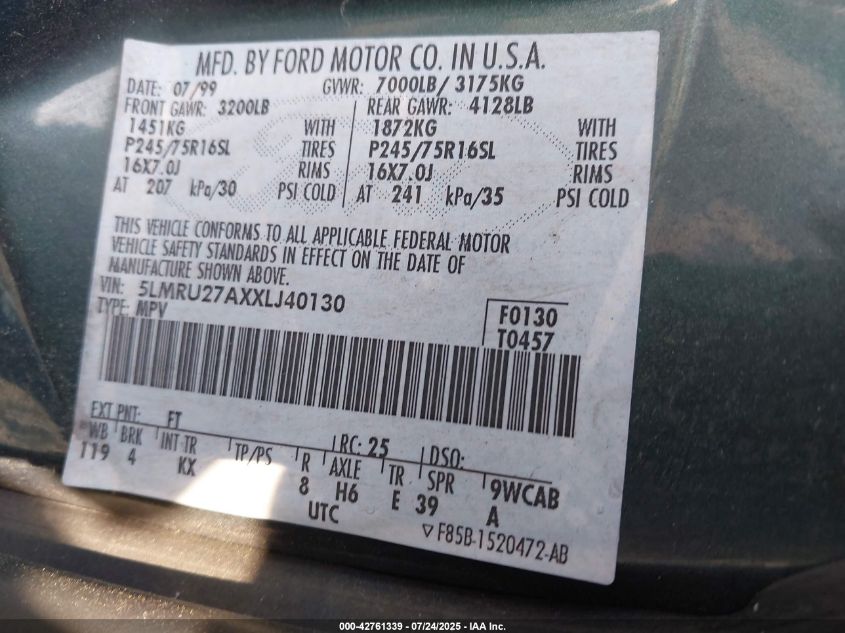 1999 Lincoln Navigator VIN: 5LMRU27AXXLJ40130 Lot: 42761339