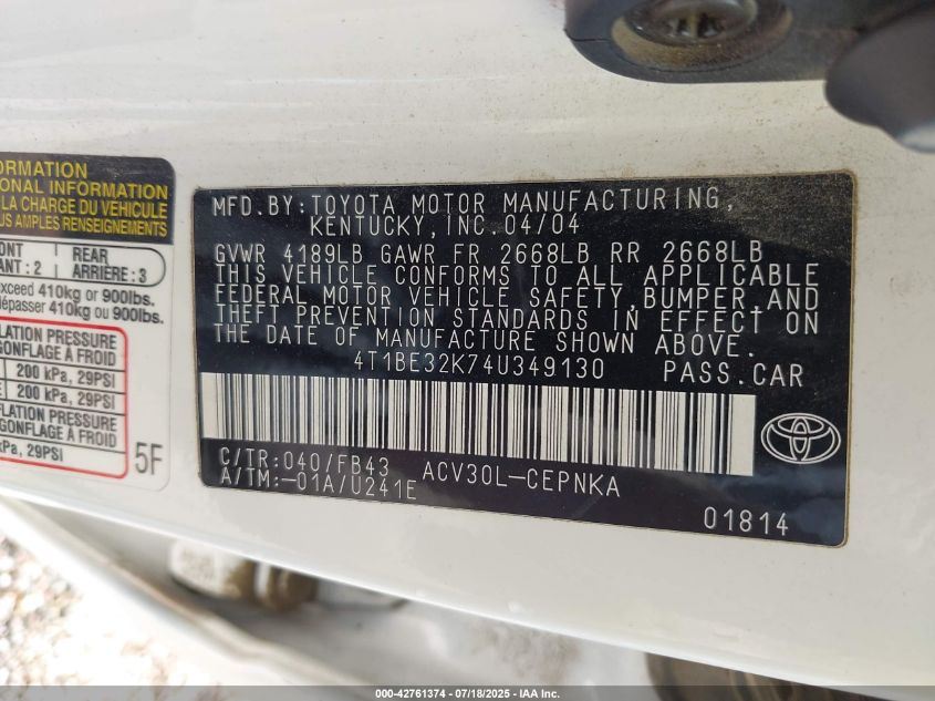 2004 Toyota Camry Le VIN: 4T1BE32K74U349130 Lot: 42761374