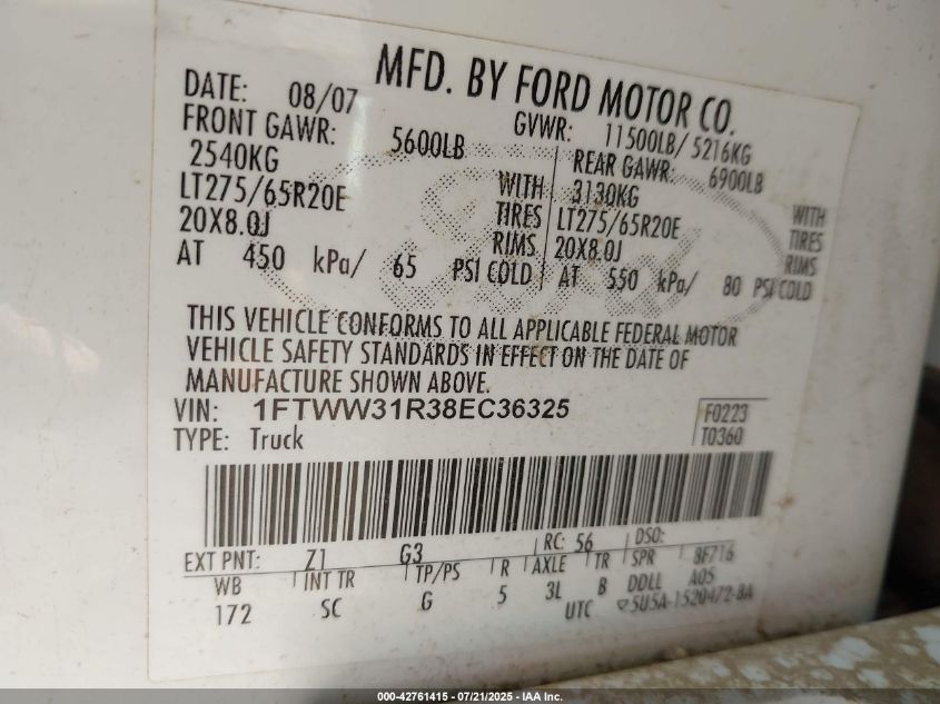 2008 Ford F-350 King Ranch VIN: 1FTWW31R38EC36325 Lot: 42761415