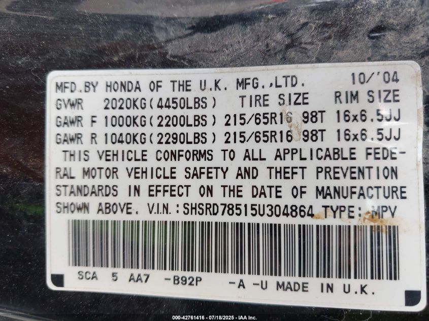 2005 Honda Cr-V Lx VIN: SHSRD78515U304864 Lot: 42761416