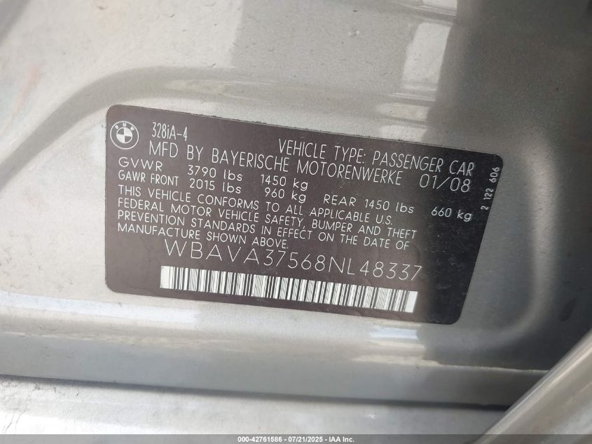 2008 BMW 328I VIN: WBAVA37568NL48337 Lot: 42761586