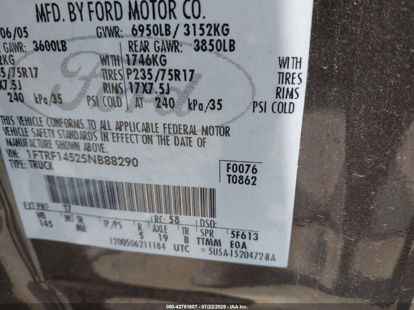 2005 Ford F-150 Fx4/Xl/Xlt VIN: 1FTRF14525NB88290 Lot: 42761607