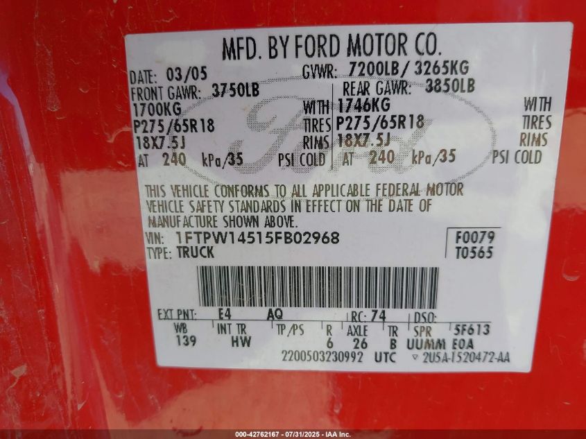 2005 Ford F-150 Fx4/Lariat/Xlt VIN: 1FTPW14515FB02968 Lot: 42762167