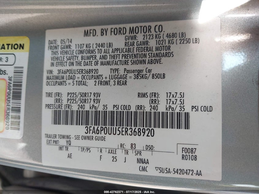 2014 FORD FUSION HYBRID S - 3FA6P0UU5ER368920