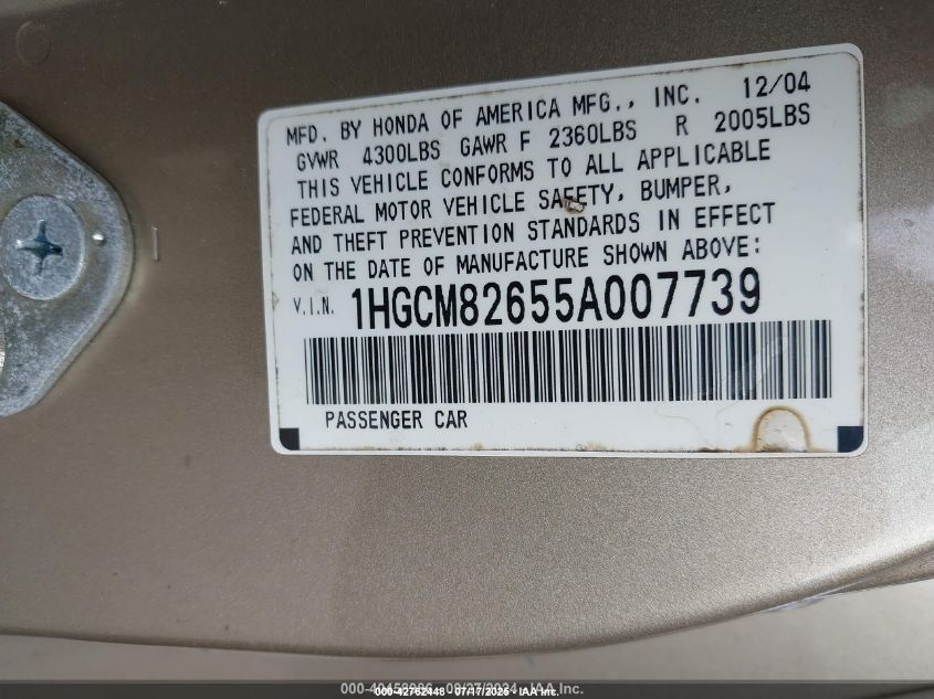 2005 Honda Accord 3.0 Ex VIN: 1HGCM82655A007739 Lot: 42762448