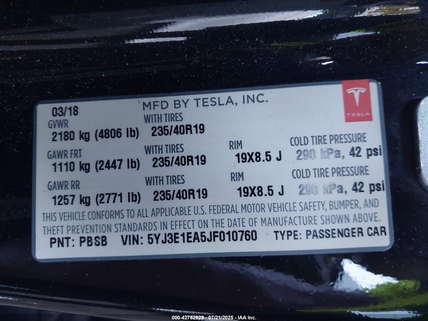5YJ3E1EA5JF010760 2018 Tesla Model 3 Long Range mid Range Black