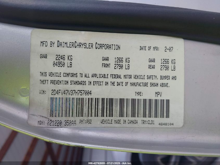 2007 Dodge Magnum VIN: 2D4FV47V37H757004 Lot: 43423740