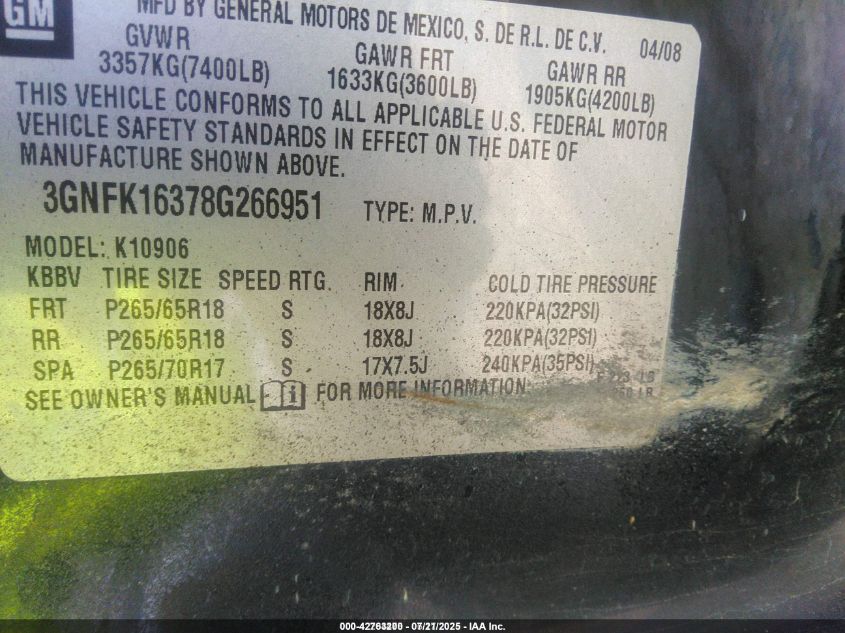 2008 Chevrolet Suburban 1500 Lt VIN: 3GNFK16378G266951 Lot: 42763200