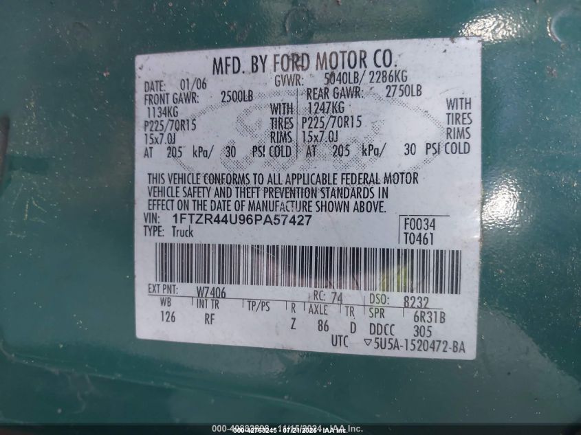 2006 Ford Ranger Sport/Stx/Xlt VIN: 1FTZR44U96PA57427 Lot: 42763245