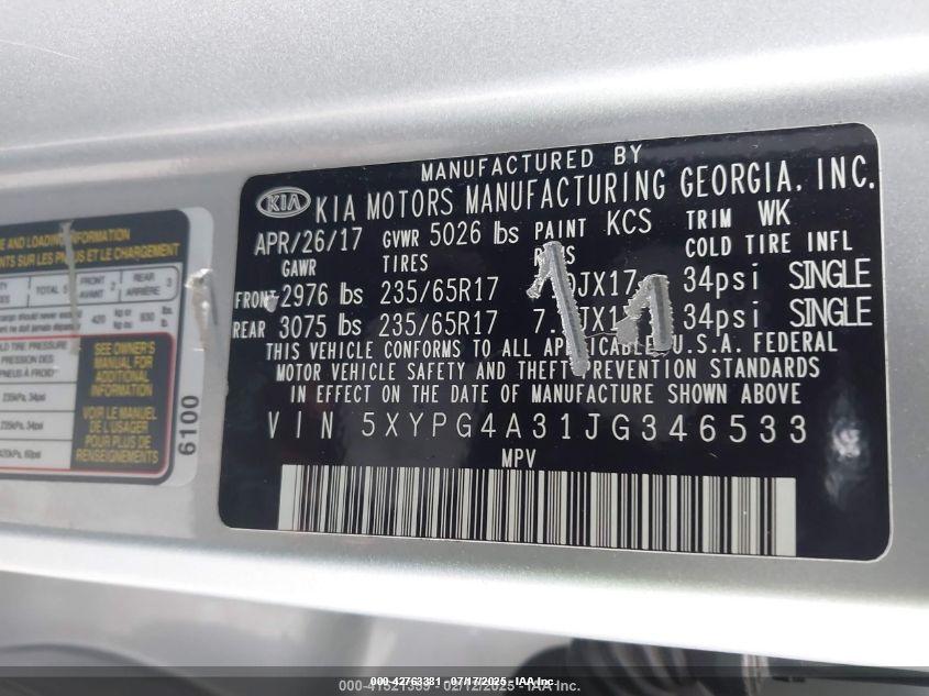 2018 Kia Sorento 2.4L Lx VIN: 5XYPG4A31JG346533 Lot: 42763381