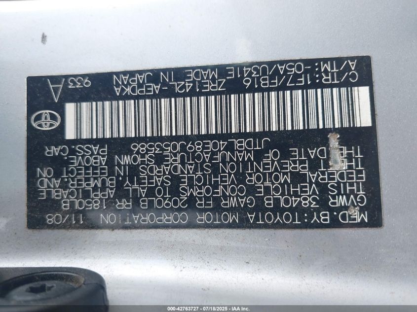 2009 Toyota Corolla Le VIN: JTDBL40E89J053586 Lot: 42763727