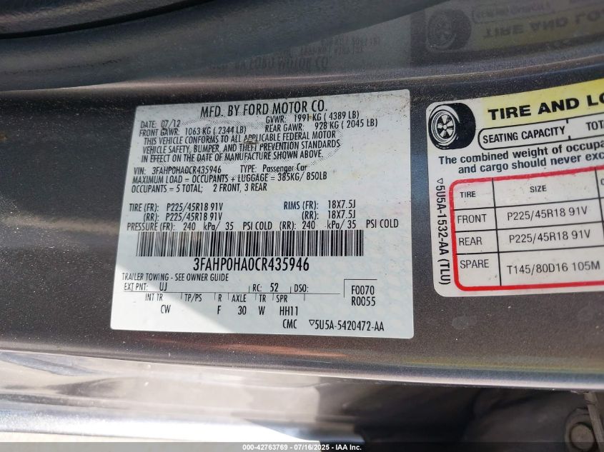 2012 Ford Fusion Se VIN: 3FAHP0HA0CR435946 Lot: 42763769