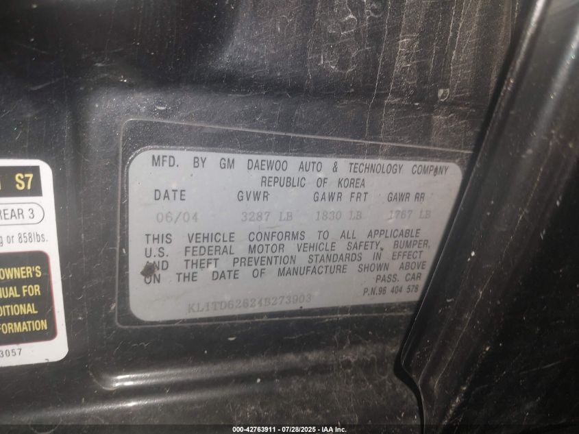 2004 Chevrolet Aveo VIN: KL1TD62624B273903 Lot: 42763911