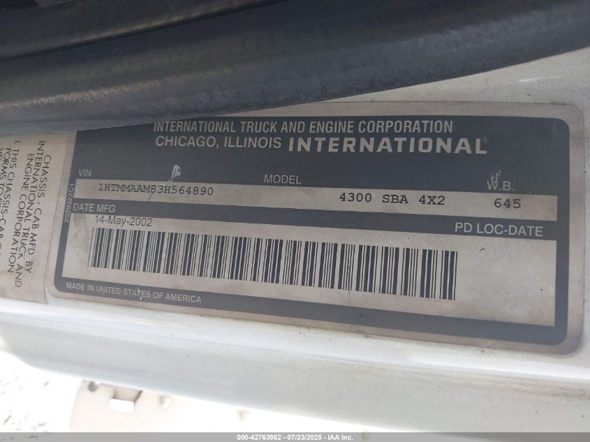 2003 International 4000 4300 VIN: 1HTMMAAM83H564890 Lot: 42763982