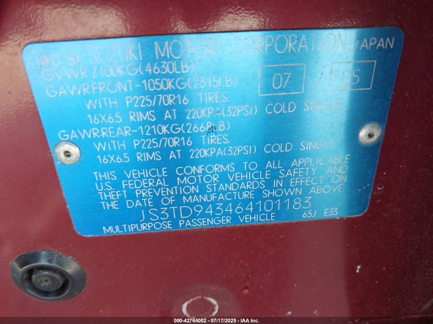 2006 Suzuki Grand Vitara Premium VIN: JS3TD943464101183 Lot: 42764002